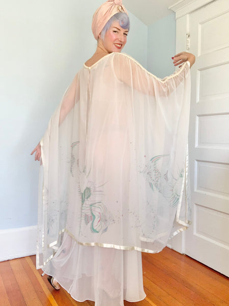 1970s “Jean Varon” Sheer Chiffon Sealife Motif Caftan Gown