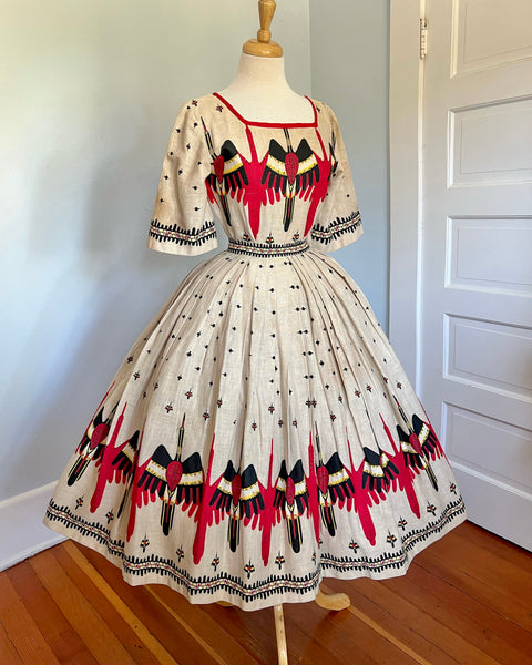 1950s 2 Piece Woven Cotton “Peyote Bird” Hand Printed / Sequined Dress Set