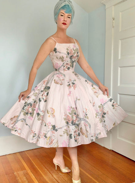 1950s Birdcages w/ Birds Novelty Print Cotton Sundress
