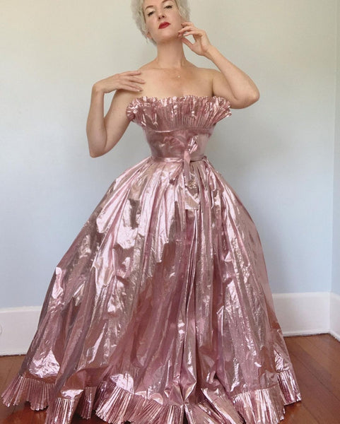 1970s/80s “Victor Costa for Neiman Marcus” Metallic Pink Ballgown w/ Belt