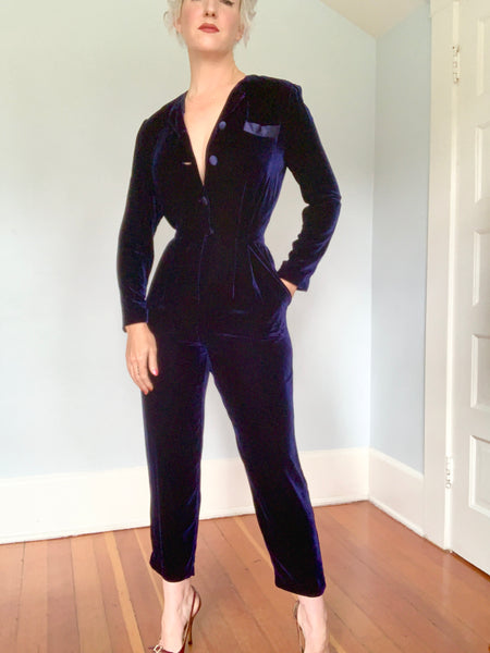 1980s Silk Velvet Femme Tuxedo Jumpsuit