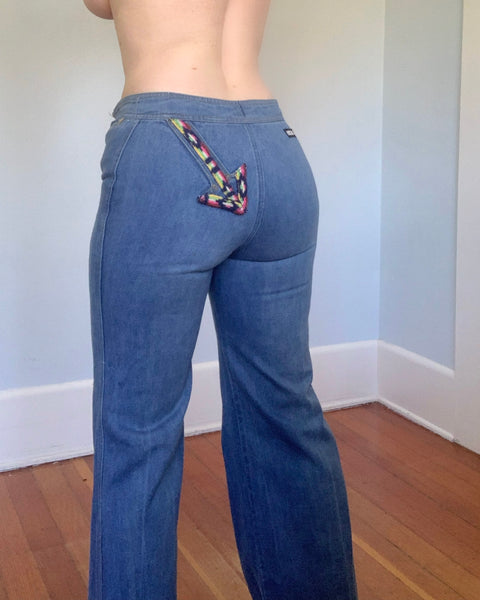 1970s Swinger High Waisted Bellbottom Jeans w/ Arrows by “Viceroy”