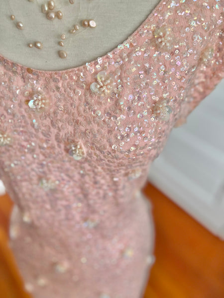 1960s “Gene Shelly’s Boutique Internationale” Iridescent Pink Sequin Wool Cocktail Dress