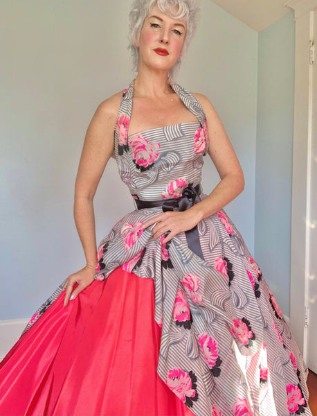 1950s Couture Custom Made Silk Halter Party Dress