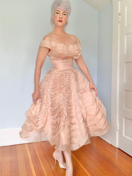 Documented 1954 “Ceil Chapman” Silk Organza Sculptural Ruffled Party Dress