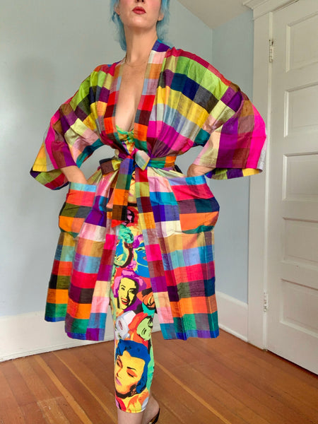 1960s Thai Raw Silk Madras Plaid Robe / Coat