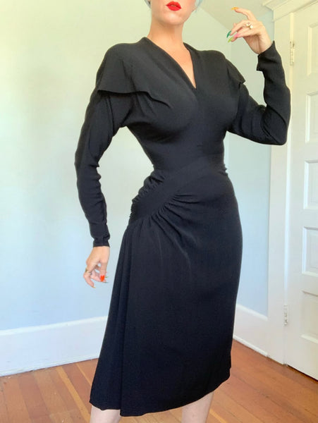 1940s Designer “Dorothy O’Hara” Rayon Crepe Sculptural Cocktail Dress