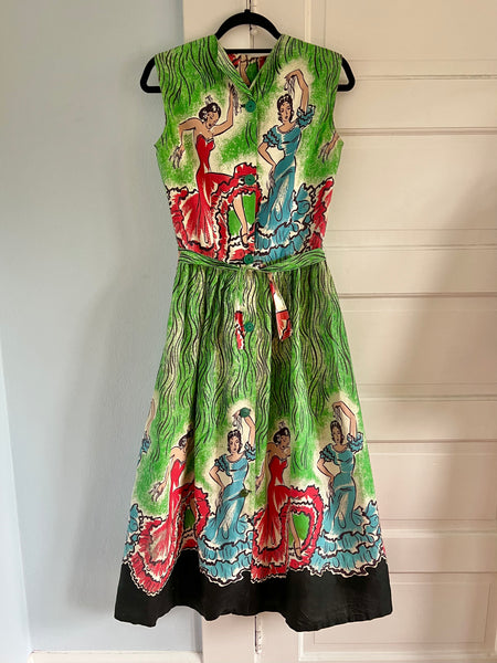 1940s Flamenco Dancer Novelty Print Day Dress