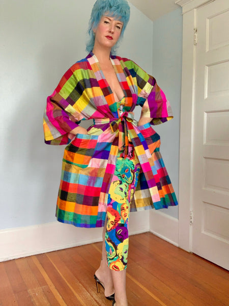 1960s Thai Raw Silk Madras Plaid Robe / Coat