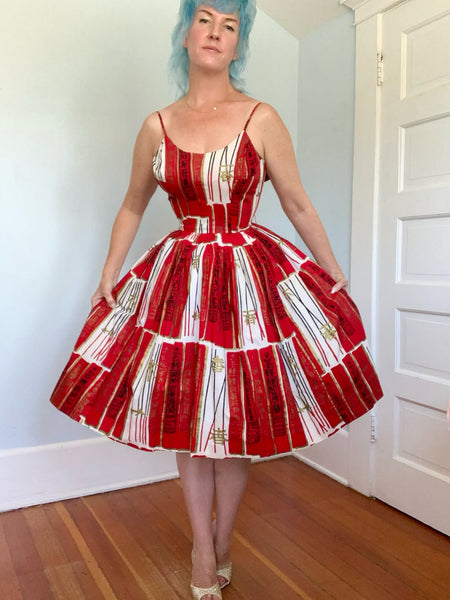 1950s Hawaiian “Joss Sticks” Handprint Alfred Shaheen Polished Cotton Sundress