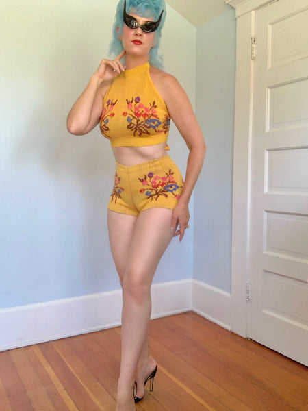 1970s "Alley Cat by Betsey Johnson" 2 Piece Intarsia Knit Hotpants & Halter Set