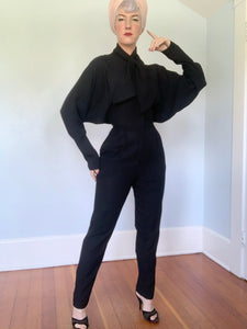 Designer 1980s "Norma Kamali" Rayon Crepe Batwing Hourglass Jumpsuit w/ Scarf Collar