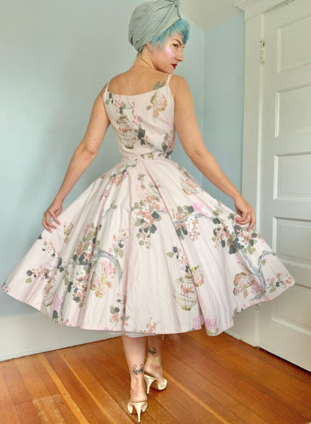 1950s Birdcages w/ Birds Novelty Print Cotton Sundress