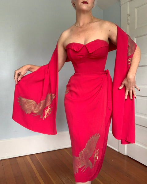 Rare 1940s Hawaiian Designer “Gladys Williams Honolulu” Hand Printed Crane Motif Silk Crepe Sarong Dress & Shawl