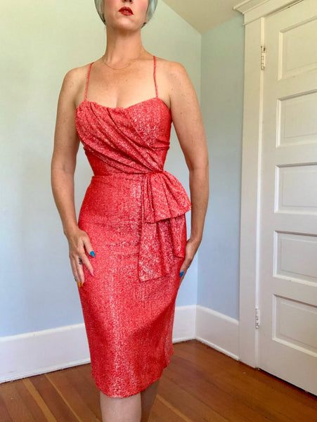 1950s Style Metallic Red Lurex Draped Cocktail Dress