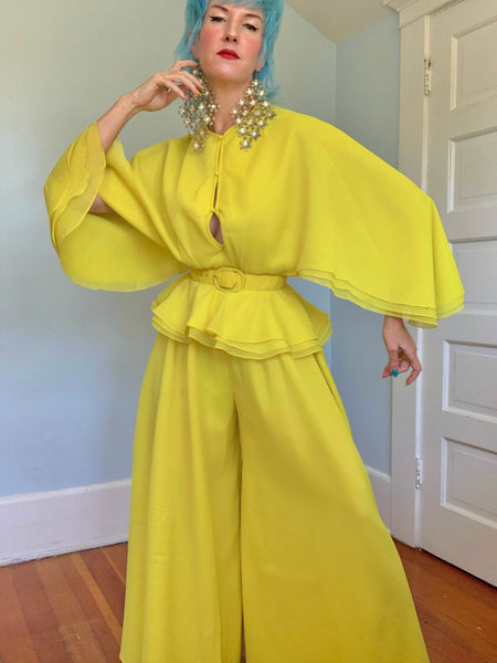 1960s “Calderón” Acid Chartreuse Yellow Crepe 3 Piece Ensemble