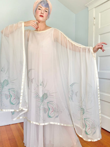 1970s “Jean Varon” Sheer Chiffon Sealife Motif Caftan Gown