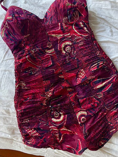 1940s “Alfred Shaheen” Sealife Ruched Cotton Bathing Suit