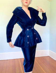 1940s New Look Blue Rayon Velvet Cocktail Suit