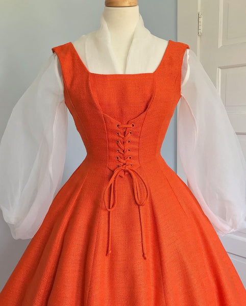 Gorgeous 1950s Pumpkin Orange Linen Pinafore Dress