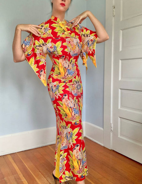 1940s Cold Rayon Hawaiian Pake Muu in Eugene Savage Print by “Kahana Manufacturing Co.”