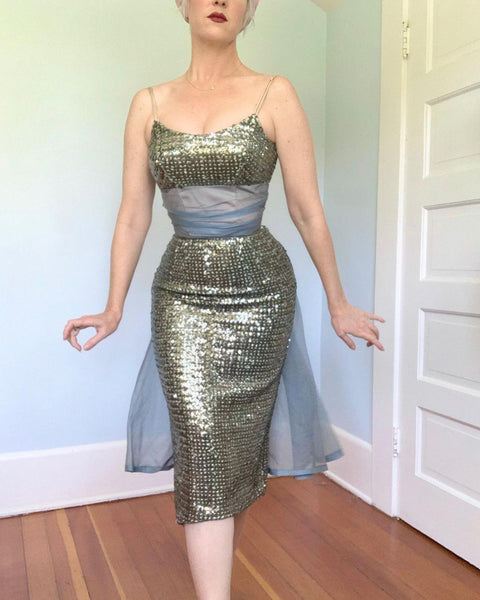 1950s Icy Sequin Hourglass Cocktail Dress w/ Silk Organza Train
