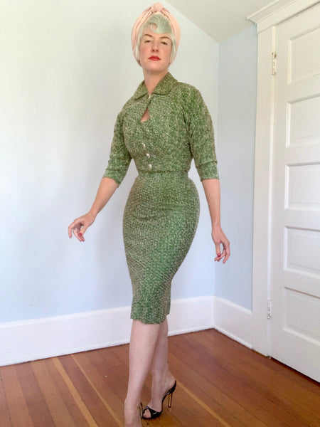 Deadstock Salesman’s Sample 1940s Rayon Boucle Knit 3 Piece Sweater Dress Set