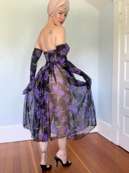 Killer 1980s "Betsey Johnson" Punk Label 3 Piece Iris Print Dress Set 2/ Gloves & Slip