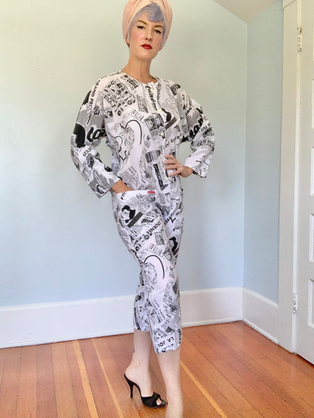 1980s French Magazine Novelty Print Cotton Jumpsuit