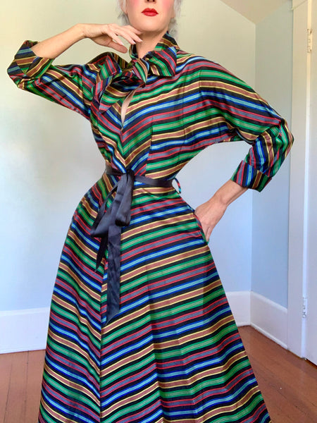1940s Rainbow Candy-chevron-striped Satin Hostess Gown