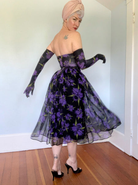 Killer 1980s "Betsey Johnson" Punk Label 3 Piece Iris Print Dress Set 2/ Gloves & Slip