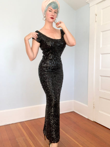 1960s Hand Sequined “Gene Shelly’s Boutique Internationale” Wool Knit Evening Gown
