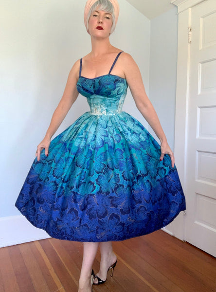 1950s “Alfred Shaheen” Ombré Blue Hand Printed Hibiscus Cotton Sundress