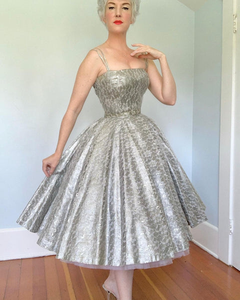 1950s Silver Lamé Lace Party Dress by “Jonathan Logan”
