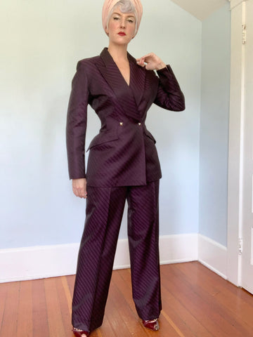 Rare 1990s "Thierry Mugler Couture" 2 Piece Hourglass Pantsuit in Iridescent Silk Blend