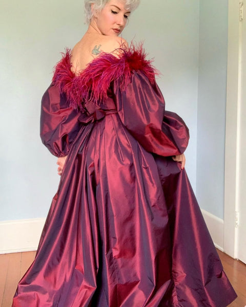 1970s “Victor Costa” Iridescent Taffeta Diva Gown w/ Ostrich Feather Trim & Belt