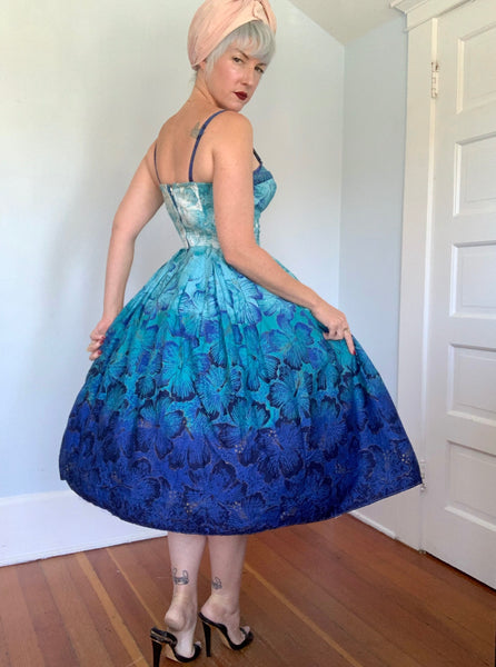 1950s “Alfred Shaheen” Ombré Blue Hand Printed Hibiscus Cotton Sundress