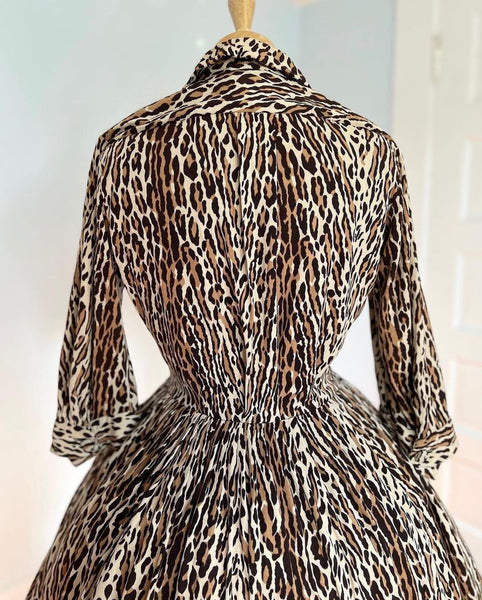 1950s “Parade of New York” Leopard Print Jersey Shirtwaist Dress