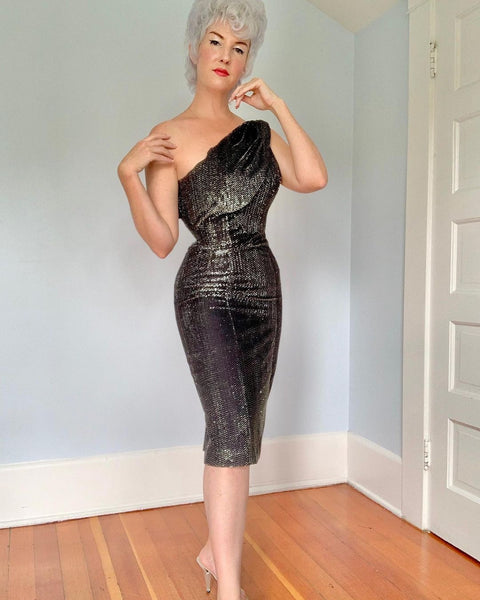 1950s Silver Lurex One Shoulder Hourglass Cocktail Dress