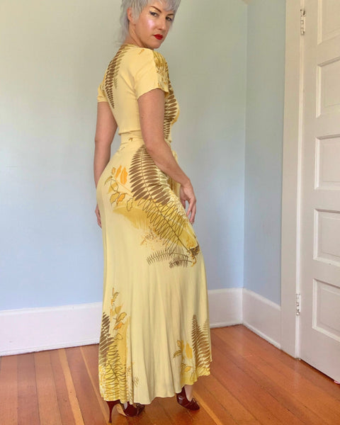 1940s Rayon Jersey Hawaiian Wrap Gown