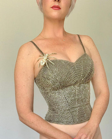 1990s Silk Beaded Spiderweb Bustier Top