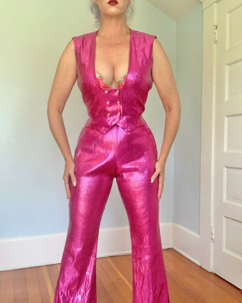 Rare 1960s Metallic Pink Stretch Liquid Lamé 2 Piece Western Ensemble by “H Bar C California Ranchwear”