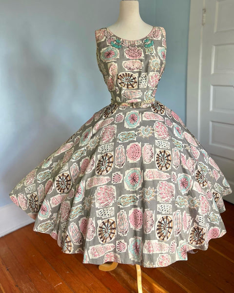 1950s Cotton Seashell Novelty Print Sundress w/ Belt