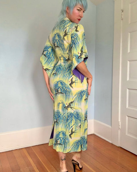 1940s Pure Silk Crepe Hawaiian Pake Muu w/ Japanese Swallows by “The Liberty House”