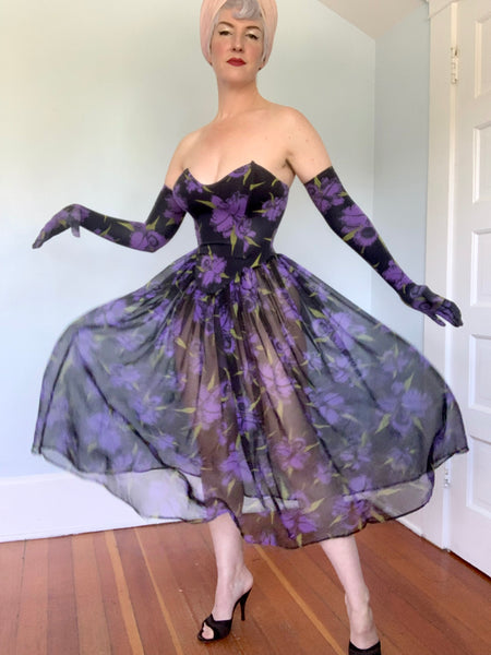 Killer 1980s "Betsey Johnson" Punk Label 3 Piece Iris Print Dress Set 2/ Gloves & Slip