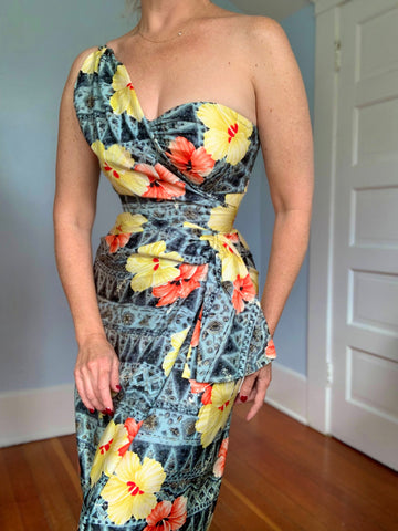 Deadstock 1950s Hawaiian Silk Cocktail Sarong Dress by “Kamehameha”