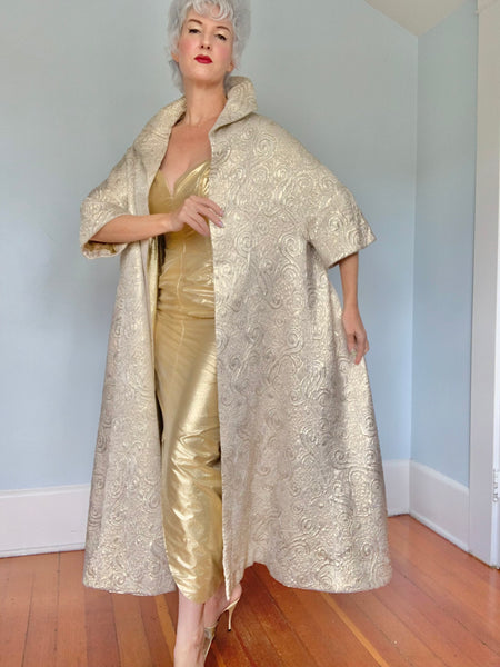 Dramatic 1950s Gold Silk Brocade Opera Coat