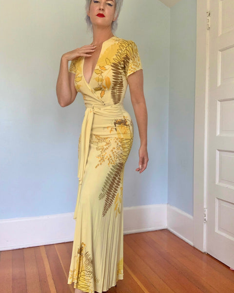 1940s Rayon Jersey Hawaiian Wrap Gown