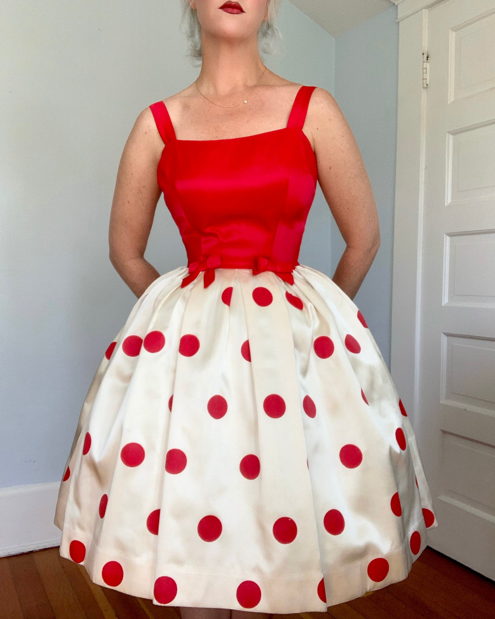 1950s Polkadot Satin Party Dress