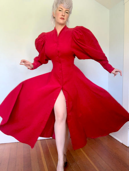 1980s Crimson Red Soft Cotton Corduroy Day Dress w/ Huge Pleated Shoulders & Skirt by "The J. Peterman Co. - Lexington, Kentucky"